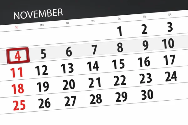 Planificador de calendario para el mes, fecha límite día de la semana 2018 noviembre, 4, domingo — Foto de Stock