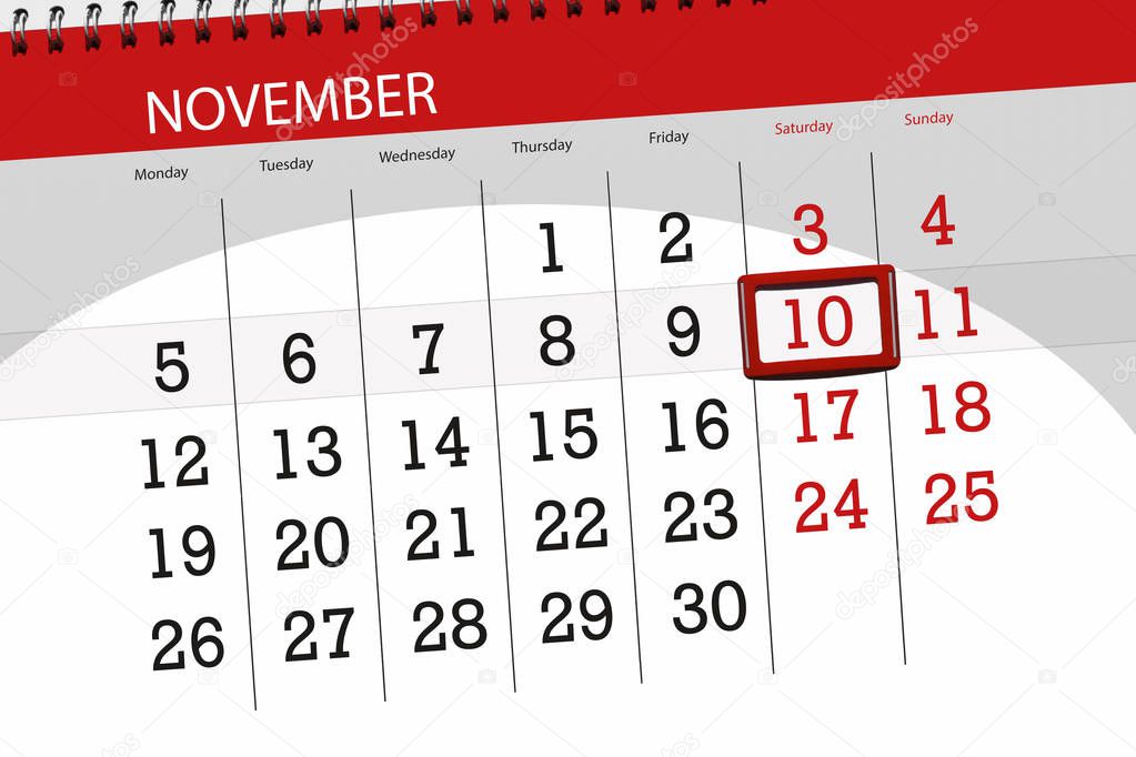 Calendar planner for the month, deadline day of the week 2018 november, 10, Saturday