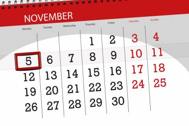 Ayın son günü hafta 2018 Kasım, 5, Pazartesi için Takvim Planlayıcısı