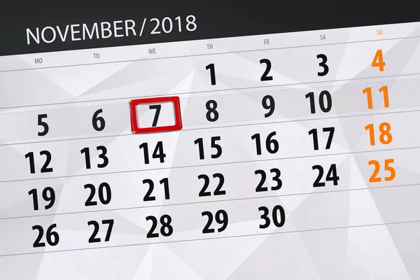 Calendário planejador para o mês, data limite do dia da semana 2018 novembro, 7, quarta-feira — Fotografia de Stock