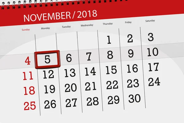 Kalender planner voor de maand, de dag van de termijn van de week 2018 november, 5, maandag — Stockfoto