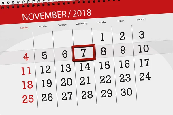 Kalender planner voor de maand, de dag van de termijn van de week 2018 november, 7, woensdag — Stockfoto