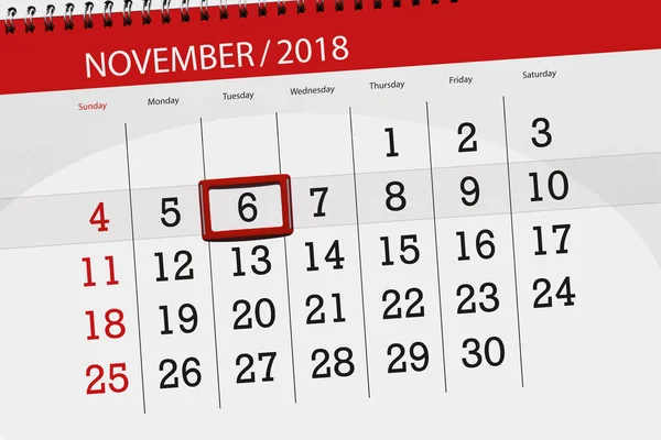 Kalenderblatt für den Monat, Stichtag der Woche 2018, 6. November, Dienstag — Stockfoto
