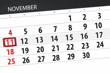 Ayın son günü hafta 2018 Kasım, 11, Pazar için Takvim Planlayıcısı