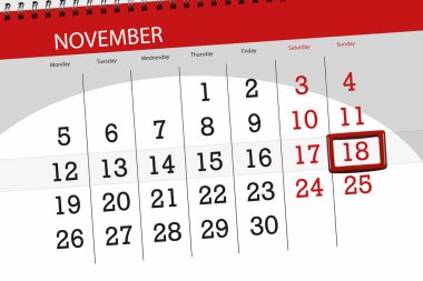Ayın son günü hafta 2018 Kasım, 18, Pazar için Takvim Planlayıcısı