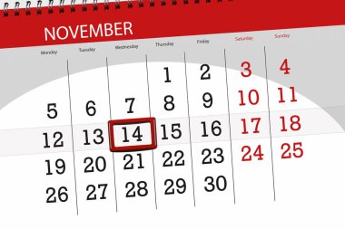 Ayın son günü hafta 2018 Kasım, 14, Çarşamba için Takvim Planlayıcısı