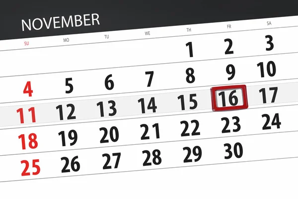 Kalenderblatt für den Monat, Stichtag der Woche 2018, 16. November, Freitag — Stockfoto