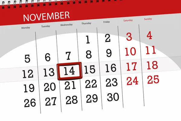 Kalender planner för månaden, sista dagen i veckan 2018 november 14, onsdag — Stockfoto