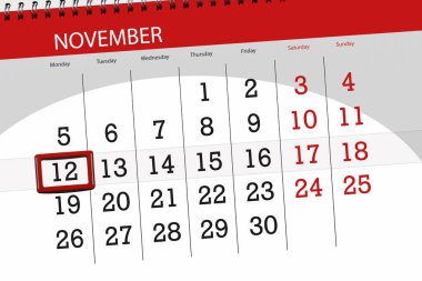 Ayın son günü hafta 2018 Kasım, 12, Pazartesi için Takvim Planlayıcısı
