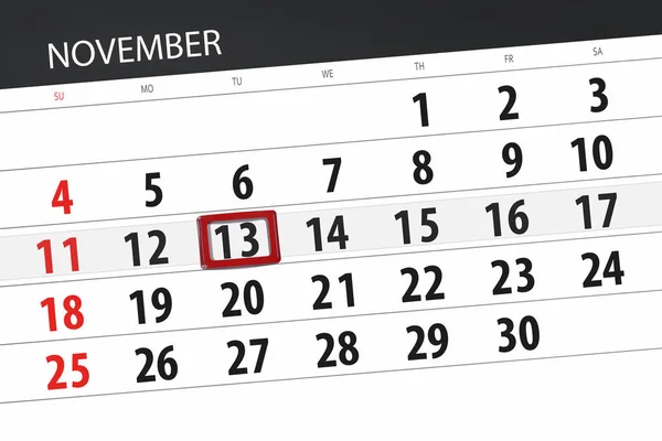 Kalenderblatt für den Monat, Stichtag der Woche 2018, 13. November, Dienstag — Stockfoto