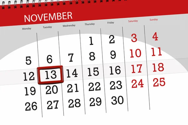 Kalendář planner pro měsíc, termín den v týdnu v listopadu 2018, 13, úterý — Stock fotografie