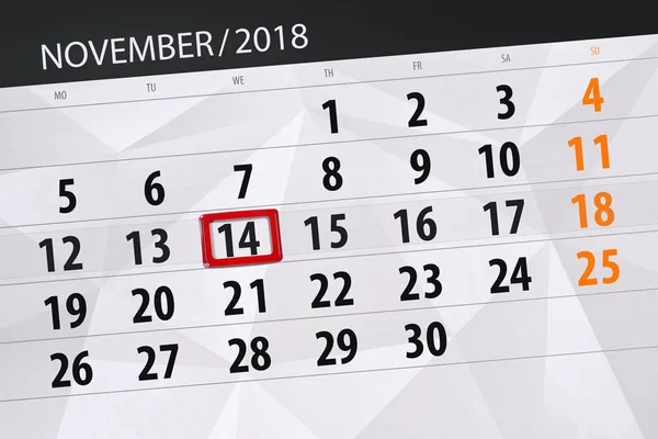 Planner kalendarz dla miesiąca, termin dnia tygodnia listopada 2018, 14, środa — Zdjęcie stockowe