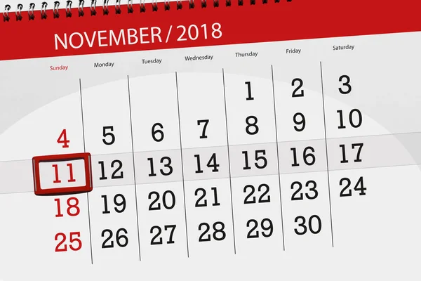 Kalendář planner pro měsíc, termín den v týdnu v listopadu 2018, 11, neděle — Stock fotografie