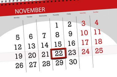 Ayın son günü hafta 2018 Kasım, 22, Perşembe için Takvim Planlayıcısı