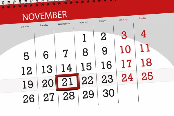 Kalendář planner pro měsíc, termín den v týdnu v listopadu 2018, 21, středa — Stock fotografie
