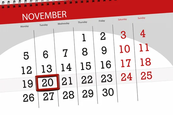 Kalendář planner pro měsíc, termín den v týdnu v listopadu 2018, 20, úterý — Stock fotografie
