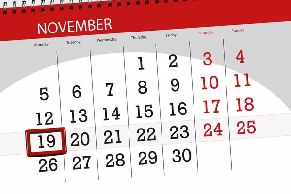 Kalendář planner pro měsíc, termín den v týdnu v listopadu 2018, 19, pondělí — Stock fotografie