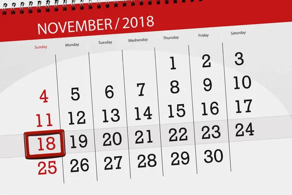 日历规划器月份, 截止日期 2018 11月, 18, 星期日 — 图库照片