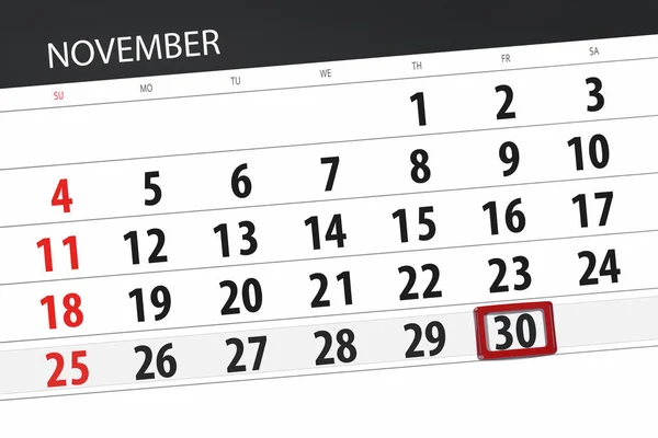 Planificador de calendario para el mes, fecha límite día de la semana 2018 noviembre, 30, viernes — Foto de Stock