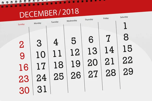 Планувальник календаря за місяць грудень 2018 року, кінцевий день — стокове фото