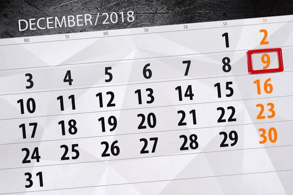 Calendário planejador para o mês de dezembro de 2018, data limite, domingo, 9 — Fotografia de Stock