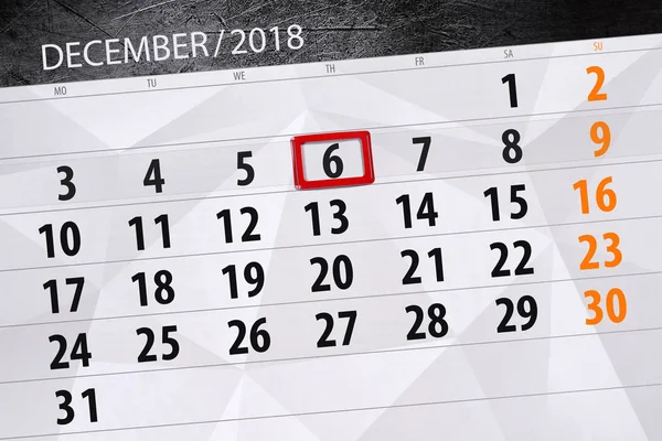 Calendar planner for the month december 2018, deadline day, thursday, 6 — Stock Photo, Image