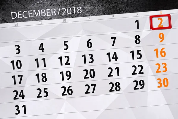Planificador de calendario para el mes de diciembre de 2018, fecha límite, 2, domingo — Foto de Stock