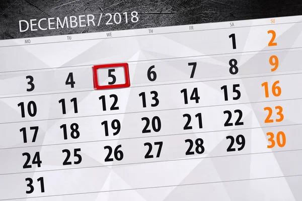 Planner kalendarz dla miesiąca grudnia 2018 r., termin dnia Środa, 5 — Zdjęcie stockowe