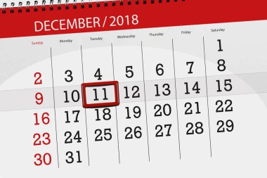 Aralık 2018, son günü, Salı, 11 ay için Takvim Planlayıcısı