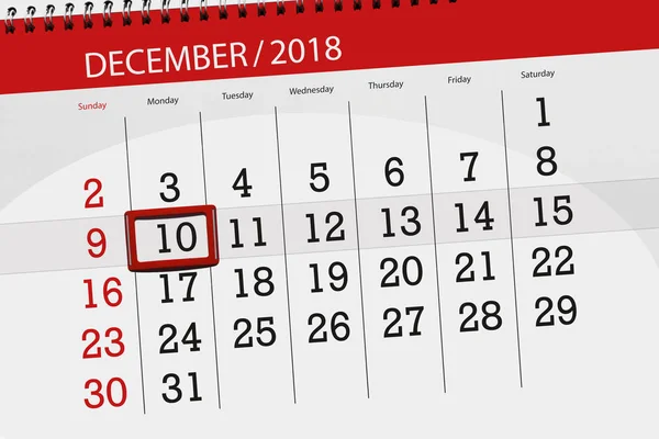 Календарь на декабрь 2018 года, крайний день, понедельник, 10 — стоковое фото