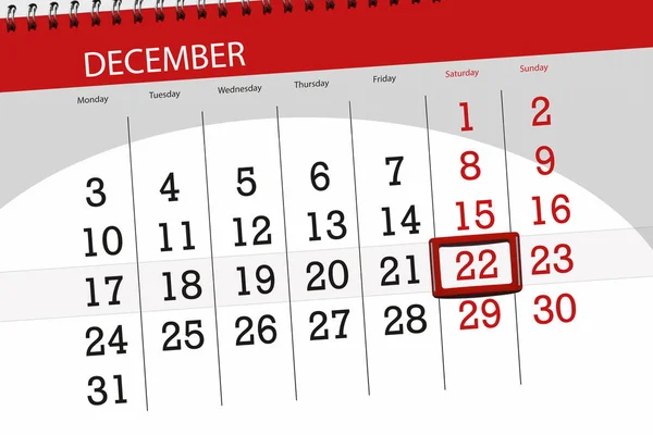 Планувальник календаря за місяць - грудень 2018 року, день закінчення, субота, 22 — стокове фото