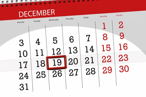 Kalender planner för månad tidsfristen dag, onsdag, 19 december 2018 — Stockfoto