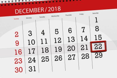 Ayın son günü, Cumartesi, 22 Aralık 2018 için Takvim Planlayıcısı