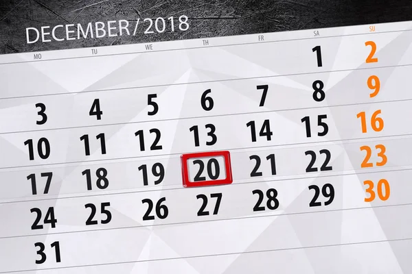 Calendar planner for the month december 2018, deadline day, thursday, 20 — Stock Photo, Image