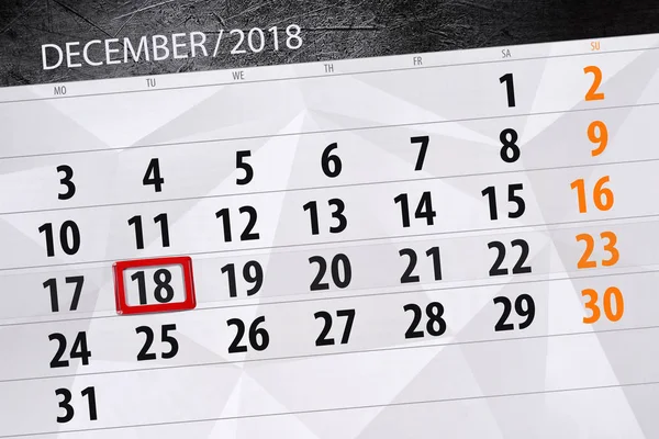 Kalendář planner pro měsíc prosinec 2018, termín den, úterý, 18 — Stock fotografie