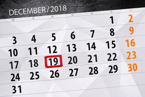 Планувальник календаря за місяць, грудень 2018, день закінчення, середа, 19 — стокове фото