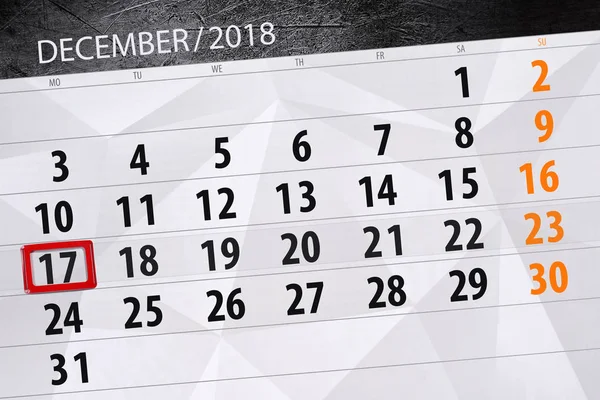 Календарь на декабрь 2018 года, крайний день, понедельник, 17 — стоковое фото