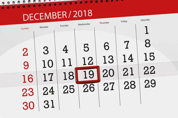 Calendário planejador para o mês de dezembro de 2018, data limite, quarta-feira, 19 — Fotografia de Stock