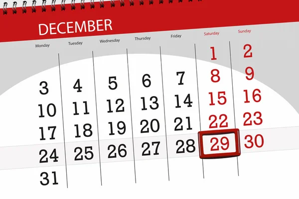 Планувальник календаря за місяць - грудень 2018 року, день закінчення, субота, 29 — стокове фото