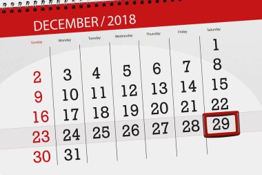 Ayın son günü, Cumartesi, 29 Aralık 2018 için Takvim Planlayıcısı