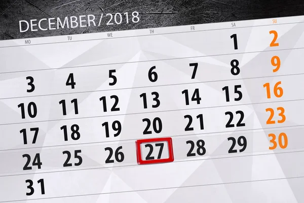 Calendar planner for the month december 2018, deadline day, thursday, 27 — Stock Photo, Image