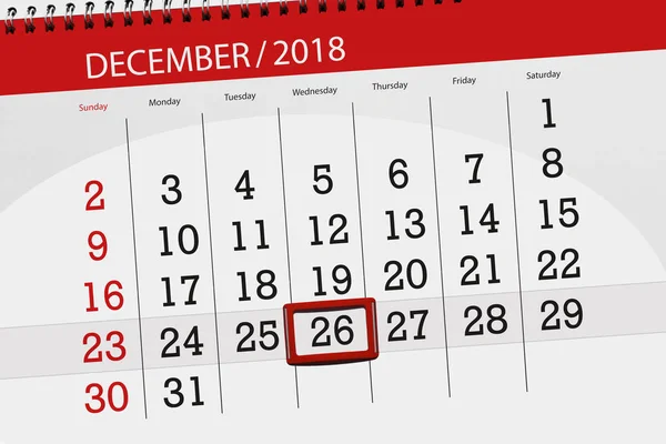 Planificador de calendario para el mes de diciembre de 2018, fecha límite, miércoles, 26 — Foto de Stock