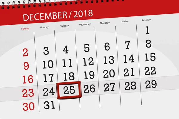 Calendario per il mese dicembre 2018, giorno di scadenza, martedì, 25, Natale — Foto Stock