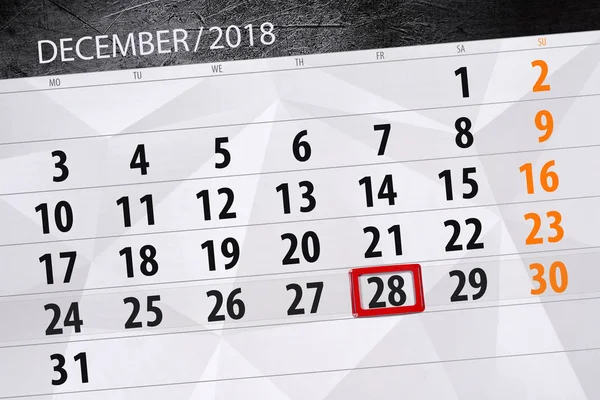 Naptár tervező december 2018-ban, utolsó napján, pénteken, 28 hónapig — Stock Fotó