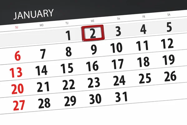 Kalenderblatt für den Monat Januar 2019, Stichtag, 2., Mittwoch — Stockfoto