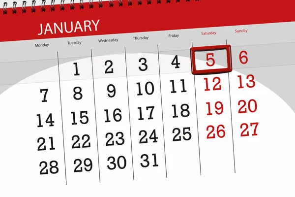 Планувальник календаря за місяць січень 2019 року, кінцевий день, 5 субота — стокове фото