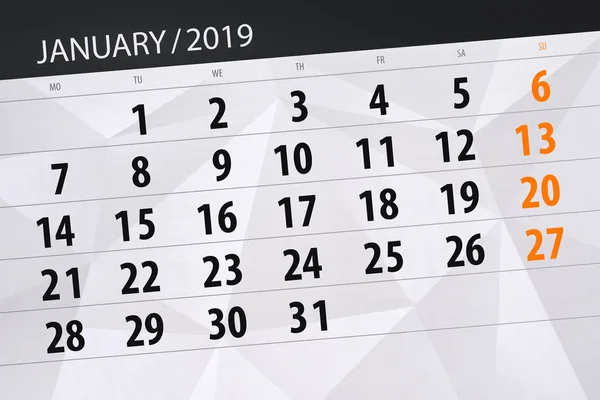 Calendar planner for the month january 2019, deadline day — Stock Photo, Image