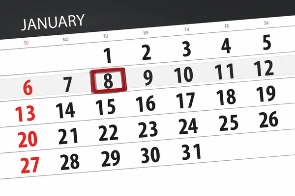 Планувальник календаря за місяць січень 2019 року, дедлайнний день, 8 вівторок — стокове фото