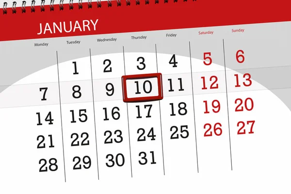 Планувальник календаря за місяць січень 2019 року, кінцевий день, 10, четвер — стокове фото