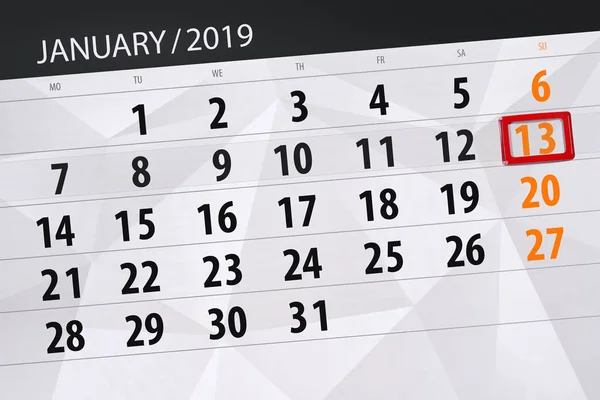 Планировщик календаря на месяц январь 2019, крайний срок, 13, воскресенье — стоковое фото